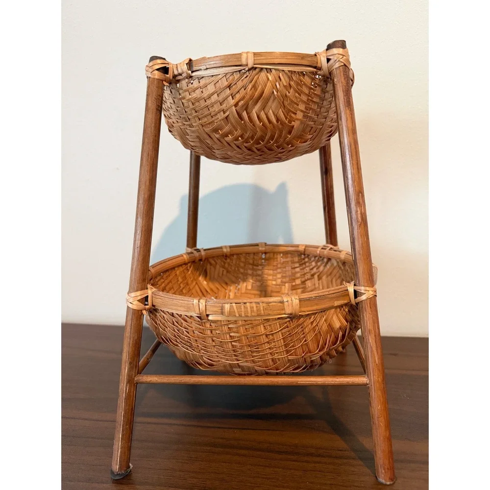 Vintage 2 Tier Woven Bamboo Wicker Basket Natural Boho Countertop Organizer
